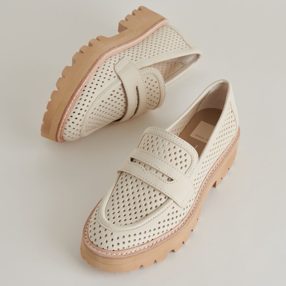 Dolce Vita Malila Perforated Leather Lug Sole Loafer in Ivory Nubuck 9.5